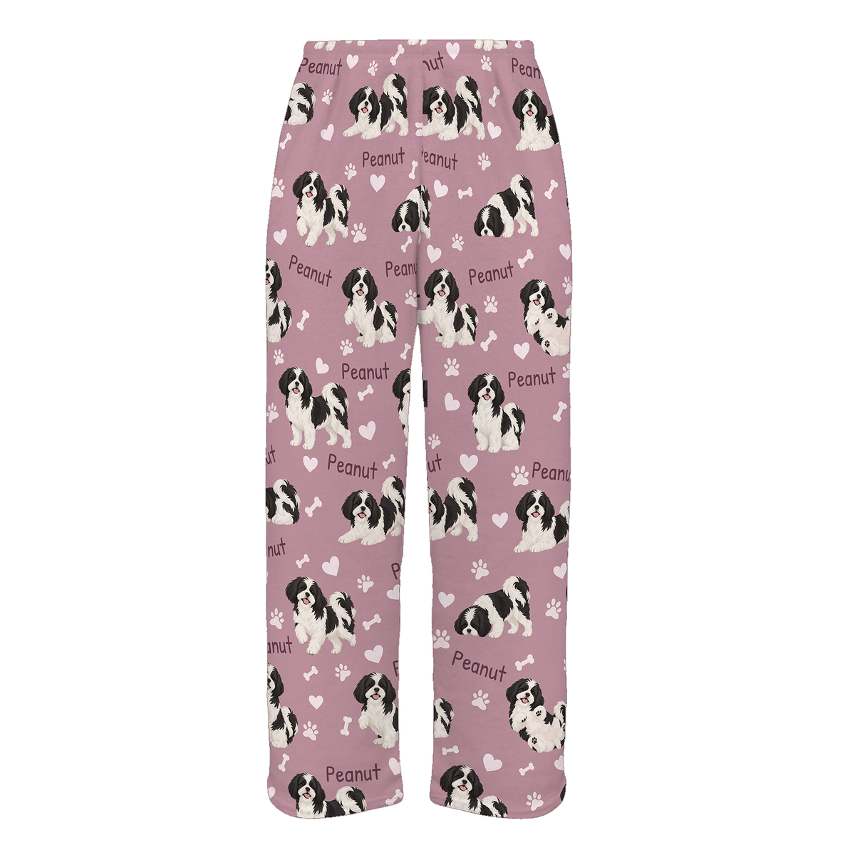 Personalized Shih Tzu Black and White Pajama Pants, Custom Pet Name Fleece Trousers, Dog Lover Gift — 04 Dusty Rose — full-trouser view