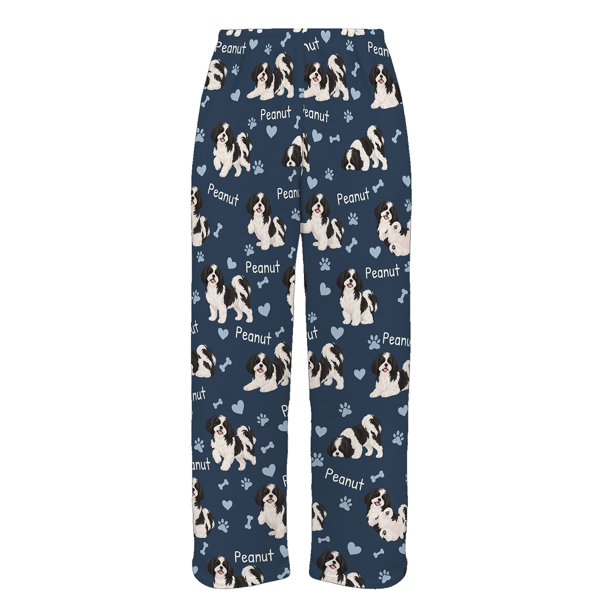 Personalized Shih Tzu Black and White Pajama Pants, Custom Pet Name Fleece Trousers, Dog Lover Gift — 05 Deep Navy — full-trouser view