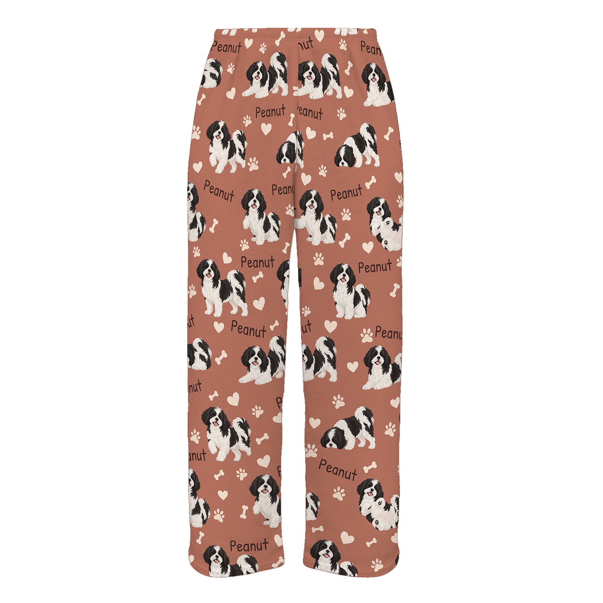 Personalized Shih Tzu Black and White Pajama Pants, Custom Pet Name Fleece Trousers, Dog Lover Gift — 06 Muted Terracotta — full-trouser view