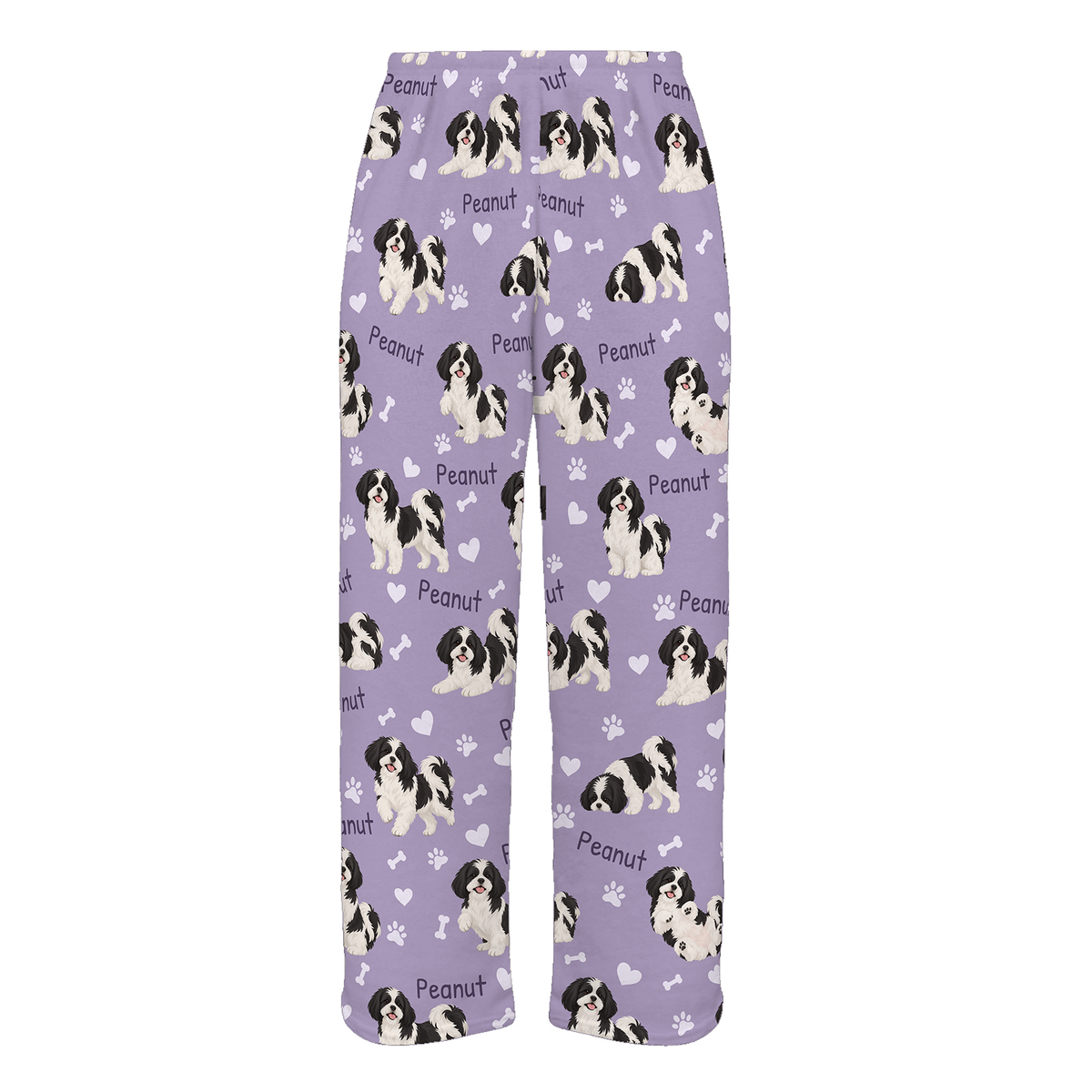 Personalized Shih Tzu Black and White Pajama Pants, Custom Pet Name Fleece Trousers, Dog Lover Gift — As shown — full-trouser view