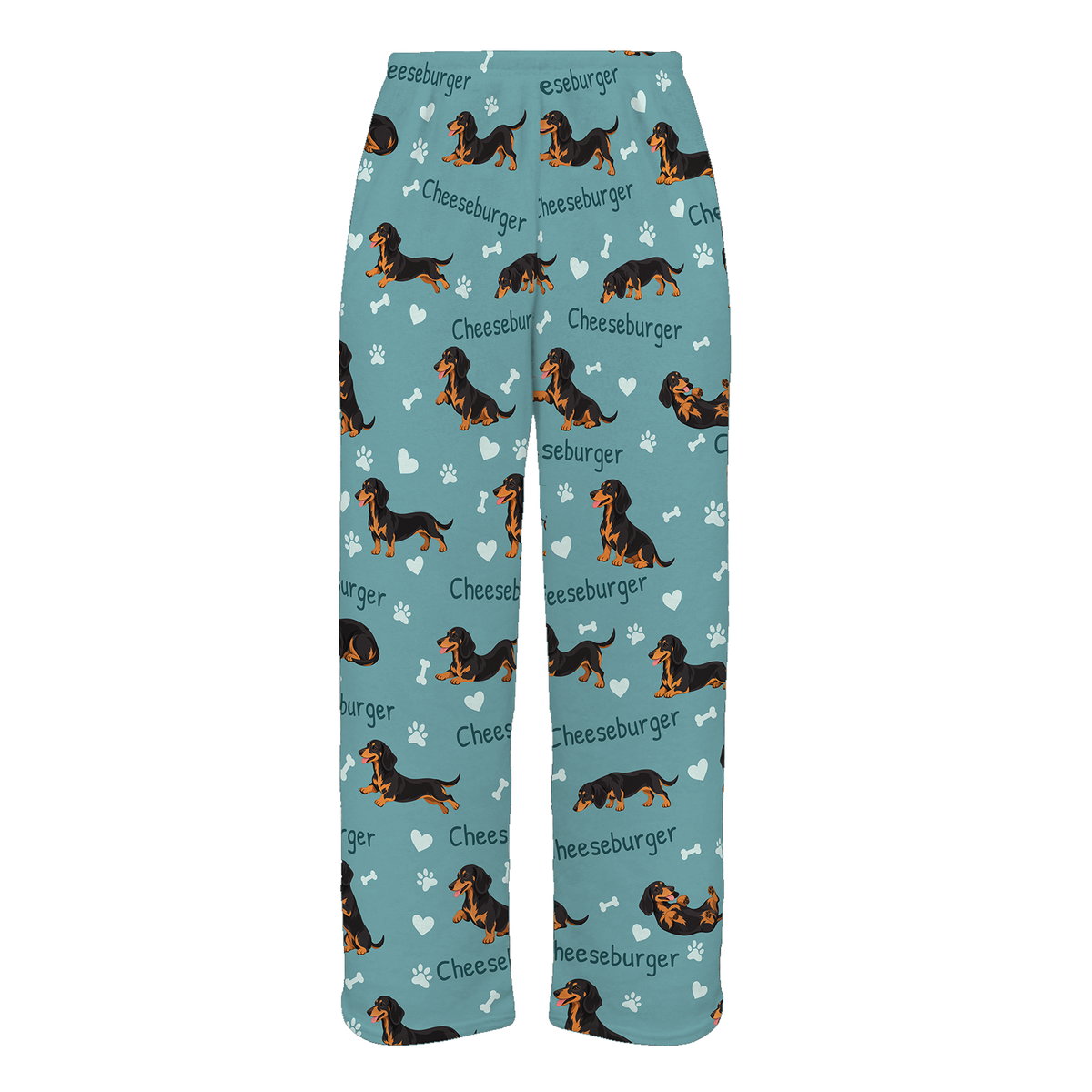 Personalized Dachshund Black and Tan Pajama Pants, Custom Pet Name Fleece Trousers, Dog Lover Gift — 01 Muted Teal — full-trouser view
