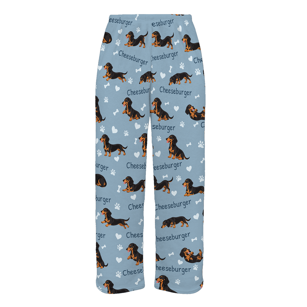 Personalized Dachshund Black and Tan Pajama Pants, Custom Pet Name Fleece Trousers, Dog Lover Gift — 02 Dusty Blue — full-trouser view