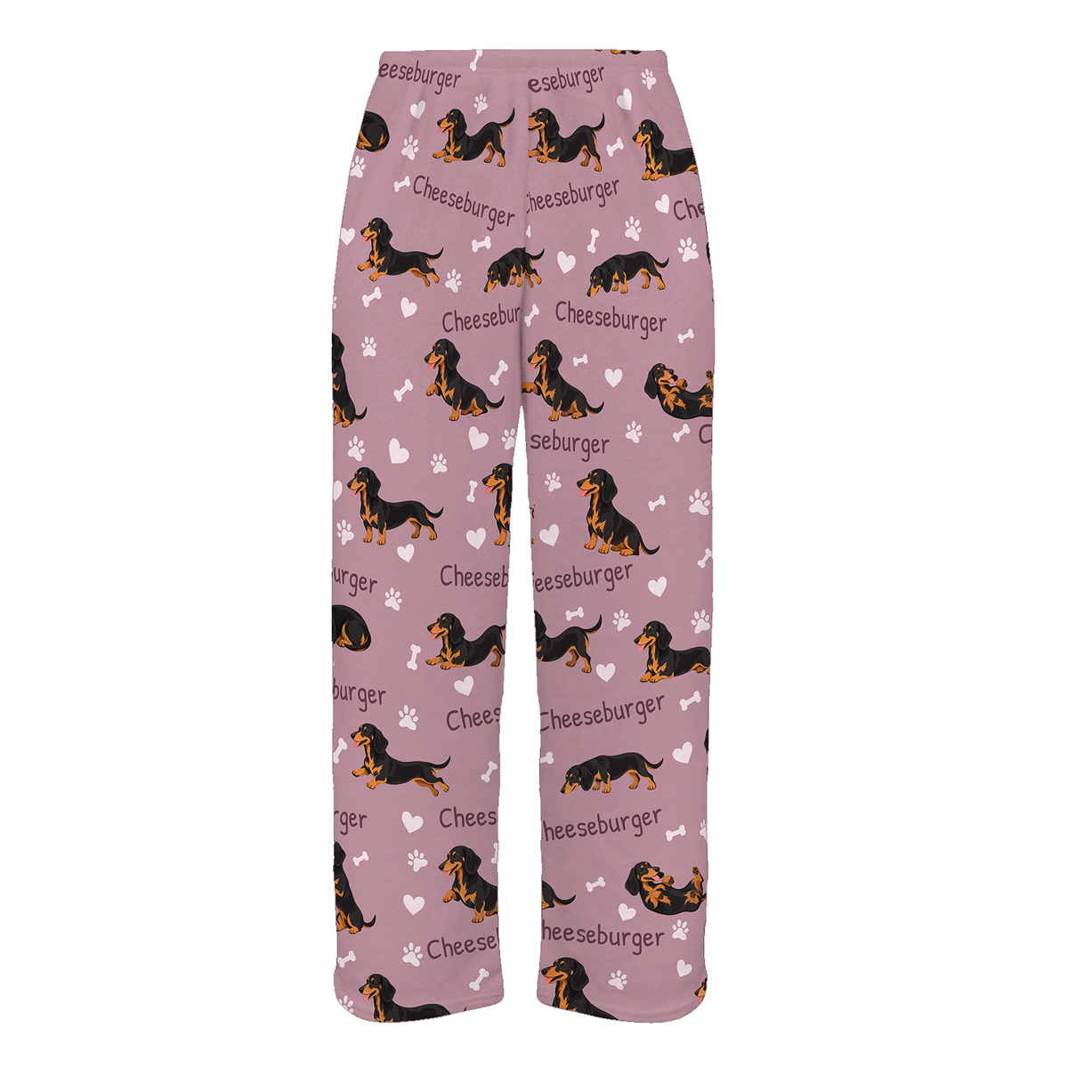 Personalized Dachshund Black and Tan Pajama Pants, Custom Pet Name Fleece Trousers, Dog Lover Gift — 04 Dusty Rose — full-trouser view