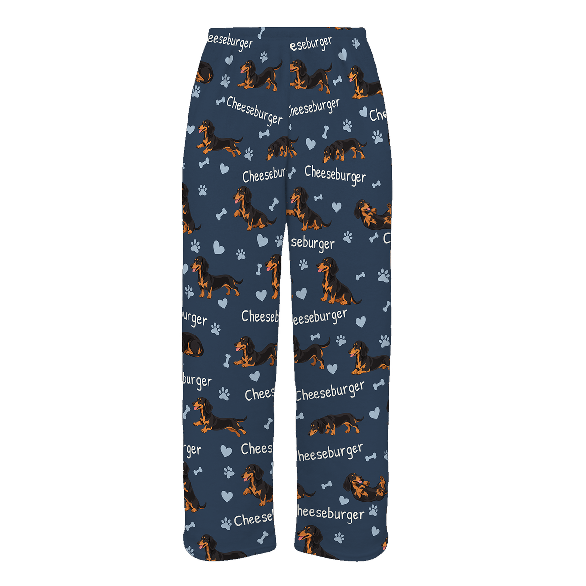 Personalized Dachshund Black and Tan Pajama Pants, Custom Pet Name Fleece Trousers, Dog Lover Gift — 05 Deep Navy — full-trouser view