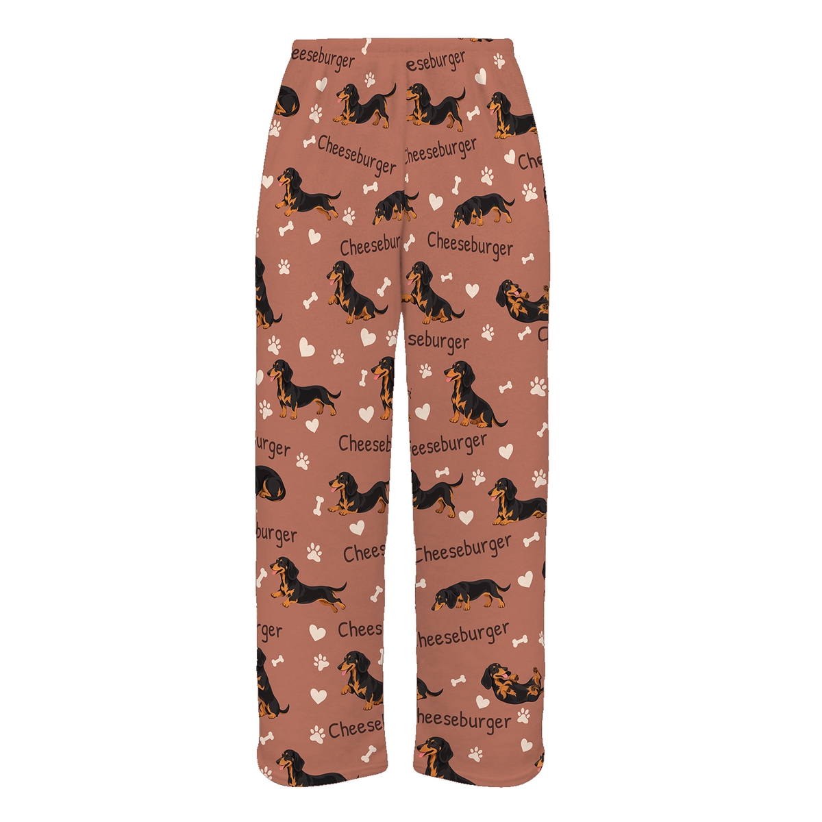 Personalized Dachshund Black and Tan Pajama Pants, Custom Pet Name Fleece Trousers, Dog Lover Gift — 06 Muted Terracotta — full-trouser view