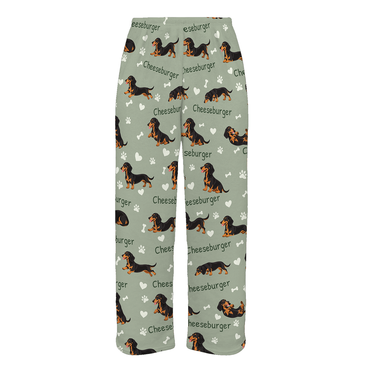 Personalized Dachshund Black and Tan Pajama Pants, Custom Pet Name Fleece Trousers, Dog Lover Gift — As shown — full-trouser view