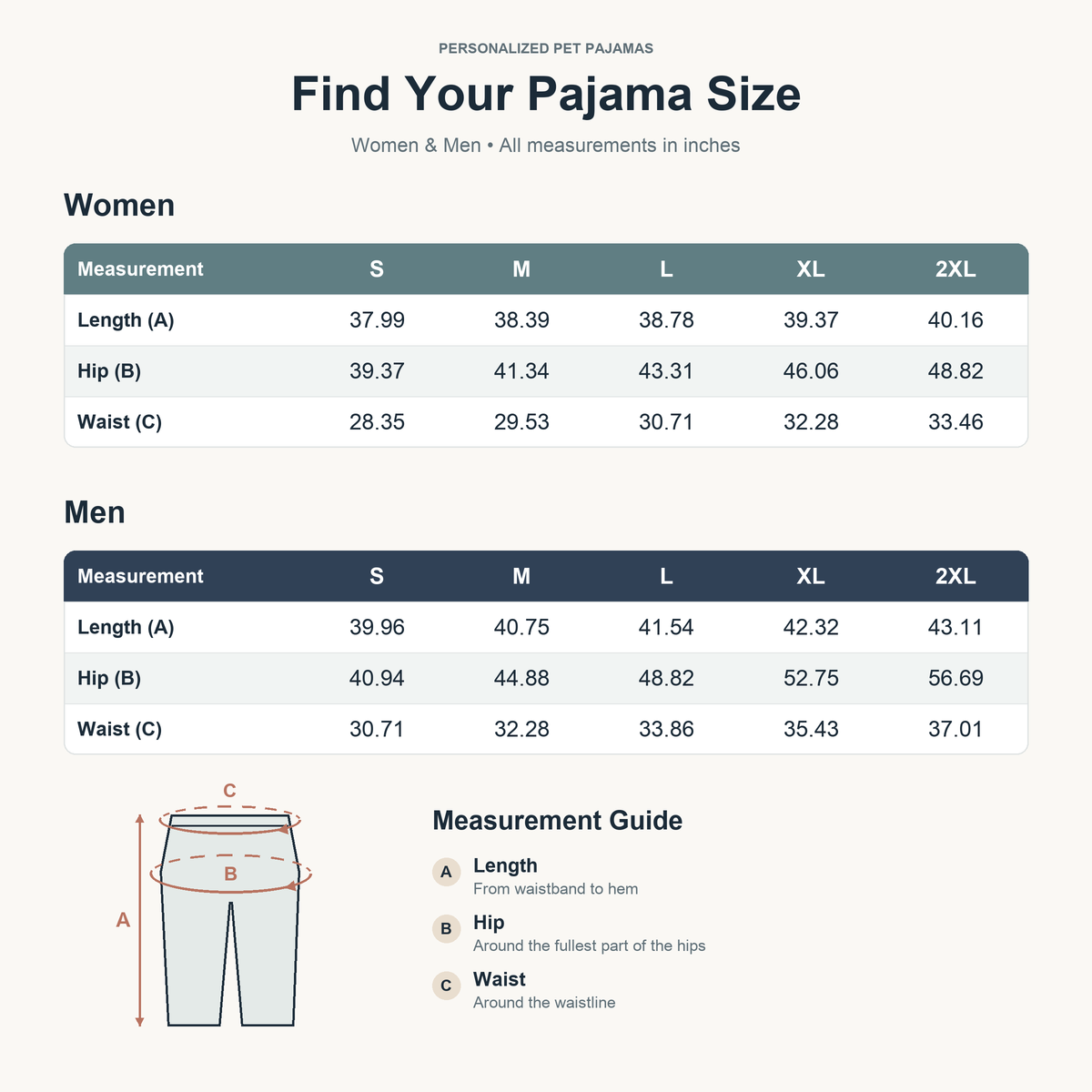 Women's and men's pajama size chart, S to 2XL, measurements in inches