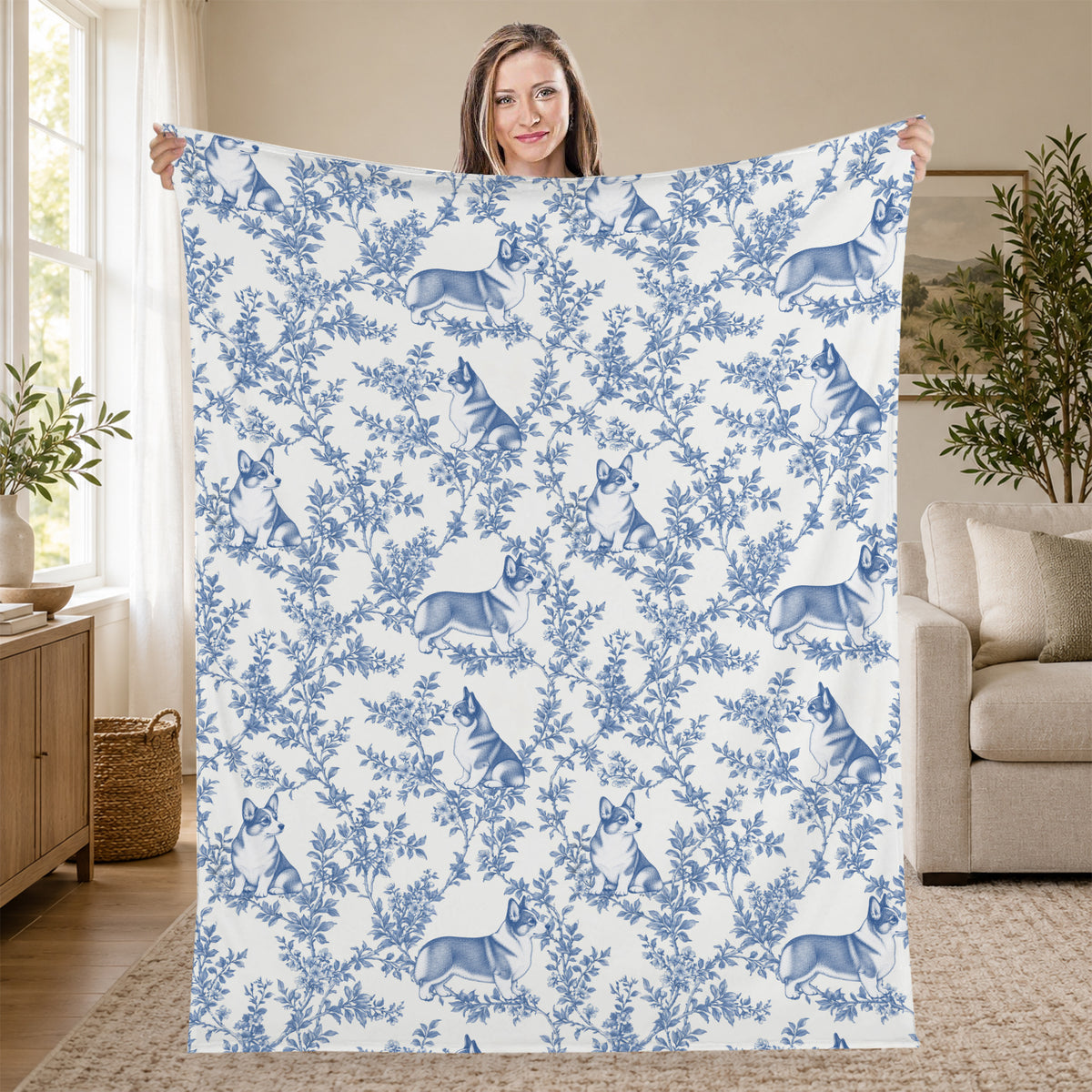 Pembroke Welsh Corgi toile de Jouy blanket - Blue Blanket Held Living Room