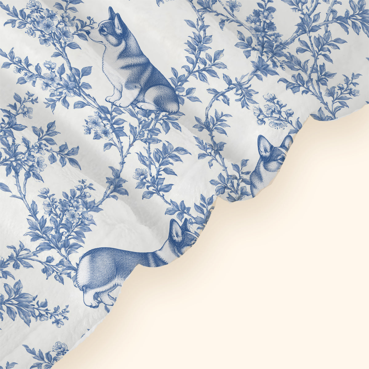 Pembroke Welsh Corgi toile de Jouy blanket - Blue Blanket Hem Closeup