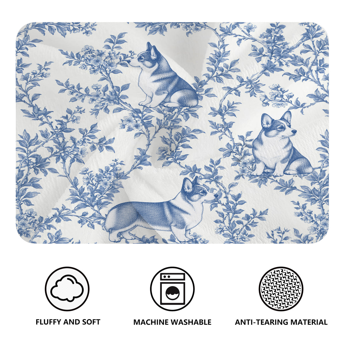 Pembroke Welsh Corgi toile de Jouy blanket - Blue Blanket Features