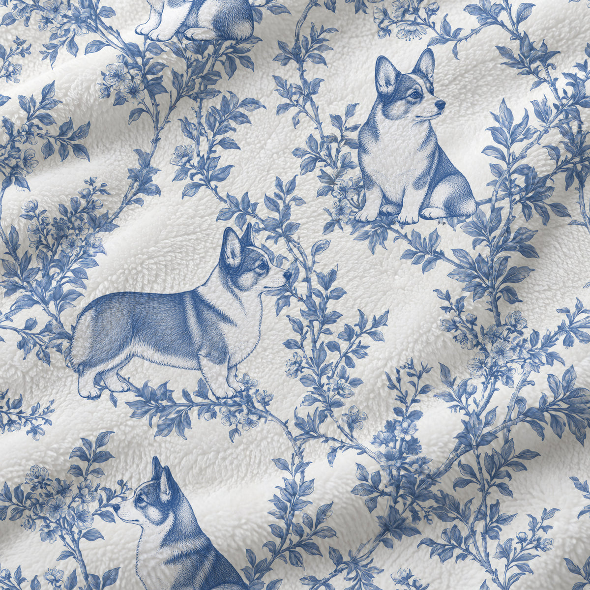 Pembroke Welsh Corgi toile de Jouy blanket - Blue Blanket Fabric Closeup