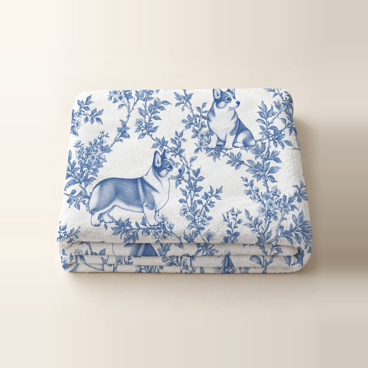 Pembroke Welsh Corgi toile de Jouy blanket - Blue Blanket Folded Studio