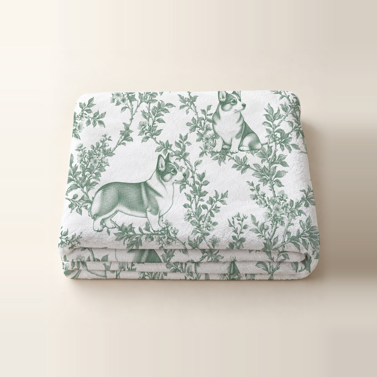 Pembroke Welsh Corgi toile de Jouy blanket - Green Thumbnail