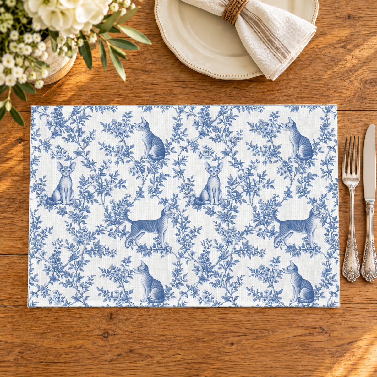 Devon Rex Cat toile placemat — 02 Oak Table Blue
