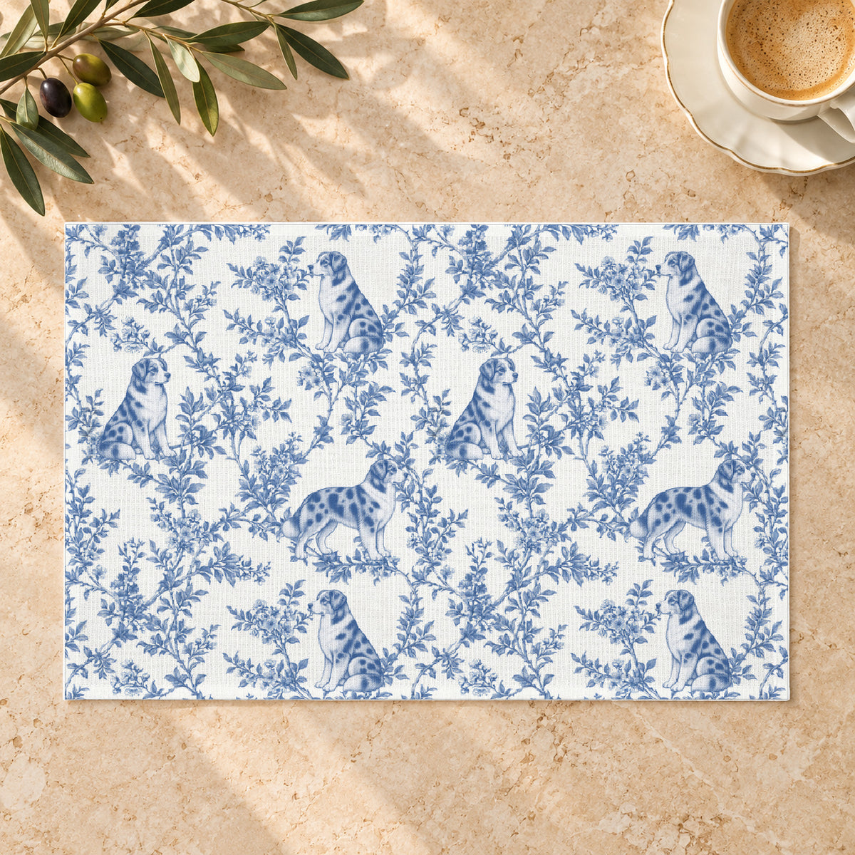 Australian Shepherd toile placemat — 01 Limestone Hero Blue