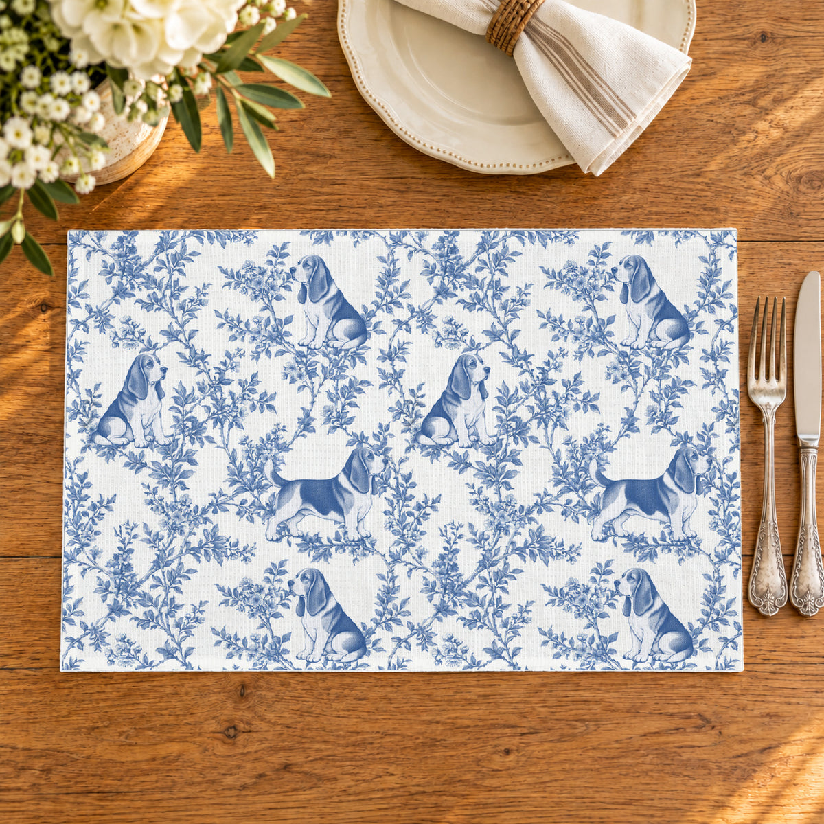 Basset Hound toile placemat — 02 Oak Table Blue