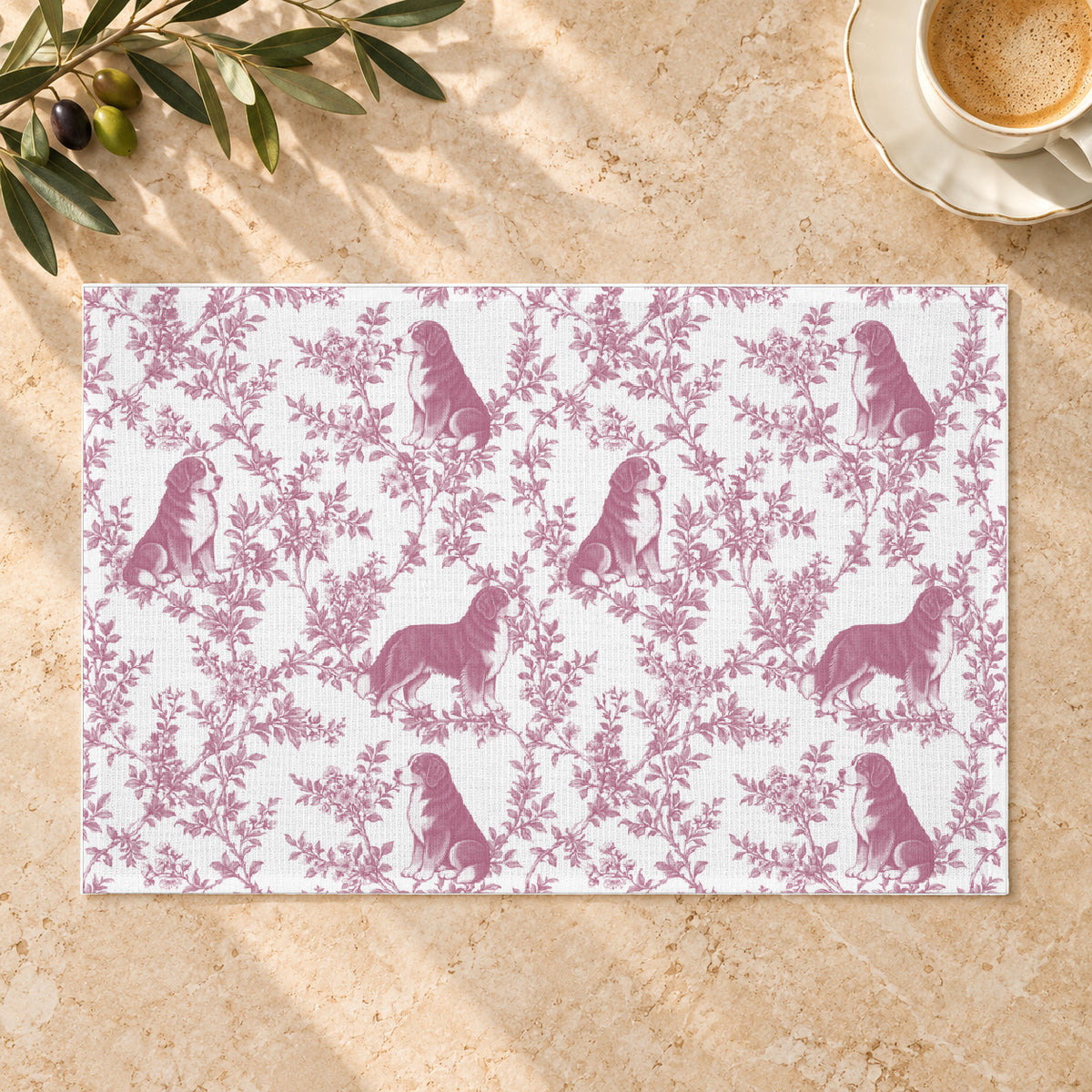 Bernese Mountain Dog toile placemat — 01 Limestone Hero Pink