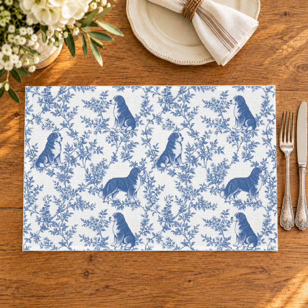 Bernese Mountain Dog toile placemat — 02 Oak Table Blue