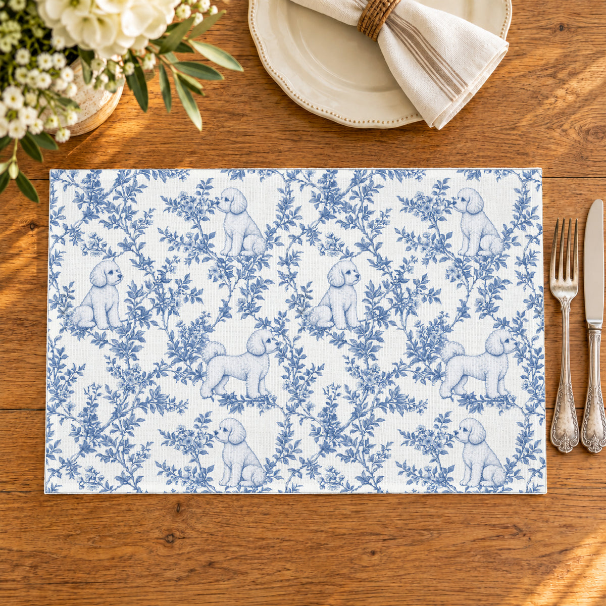 Bichon Frise toile placemat — 02 Oak Table Blue
