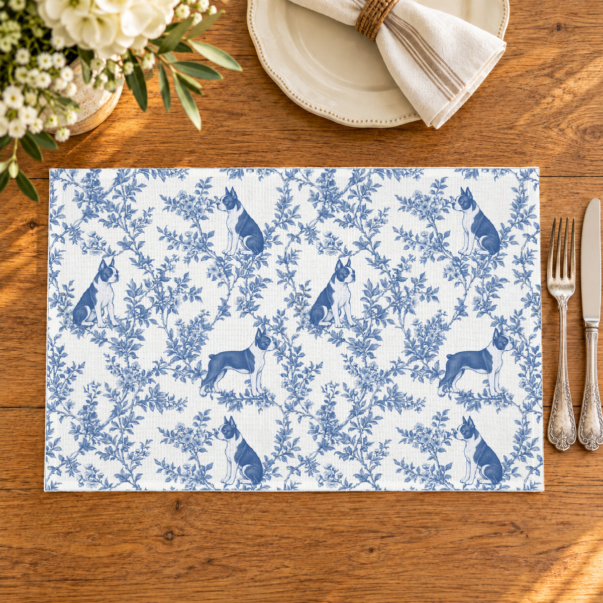 Boston Terrier toile placemat — 02 Oak Table Blue