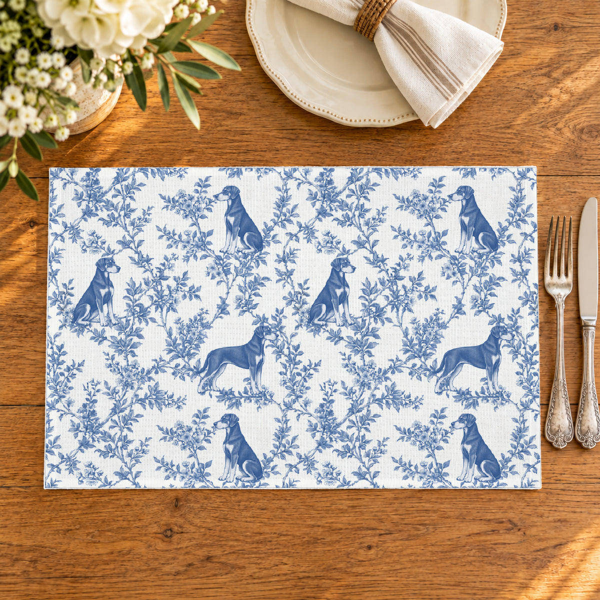 Doberman Pinscher toile placemat — 02 Oak Table Blue