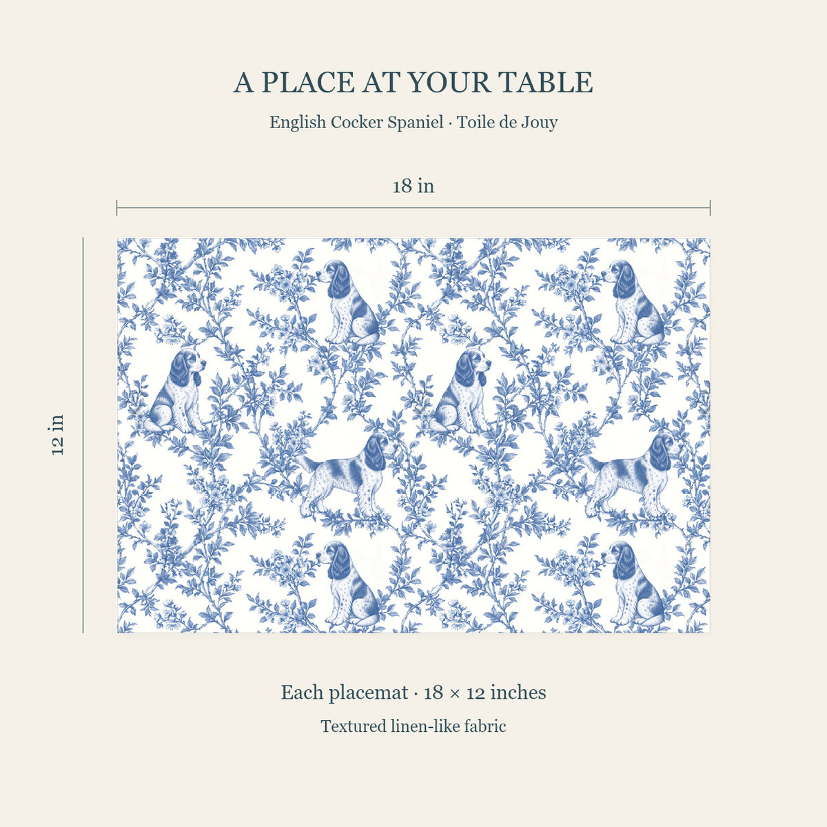 English Cocker Spaniel toile placemat — 04 Dimensions Blue