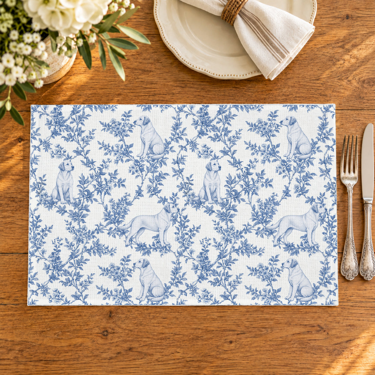 Labrador Retriever toile de Jouy placemats in blue — Oak Table