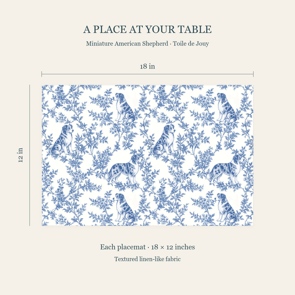 Miniature American Shepherd toile placemat — 04 Dimensions Blue