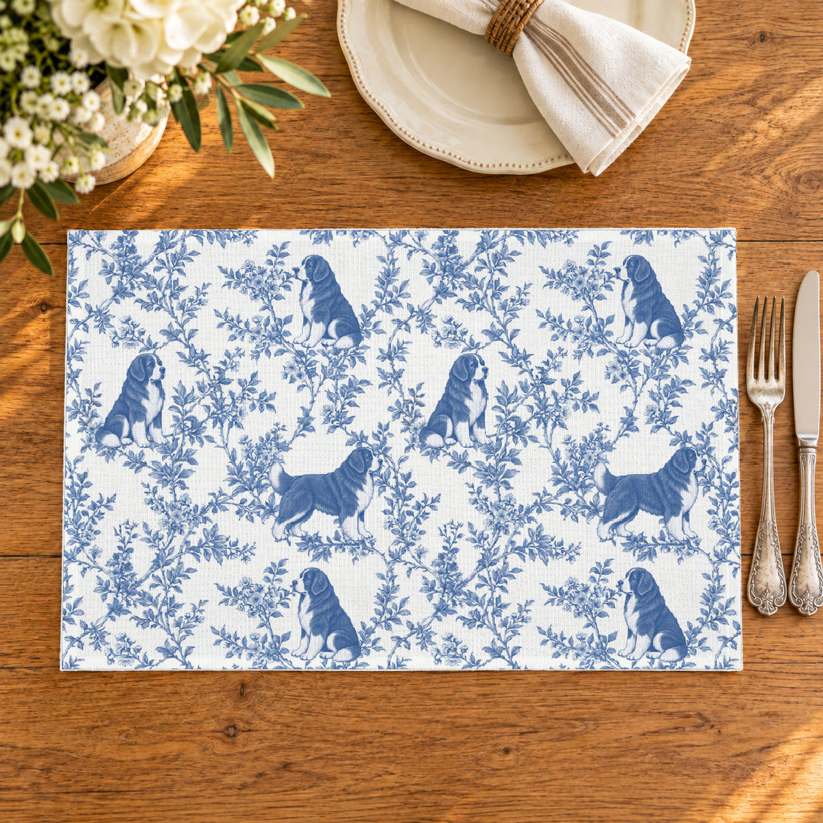 Newfoundland toile placemat — 02 Oak Table Blue