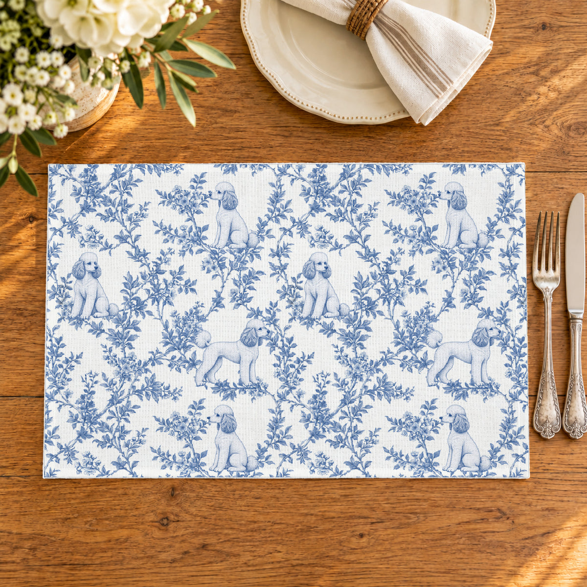 Poodle toile placemat — 02 Oak Table Blue