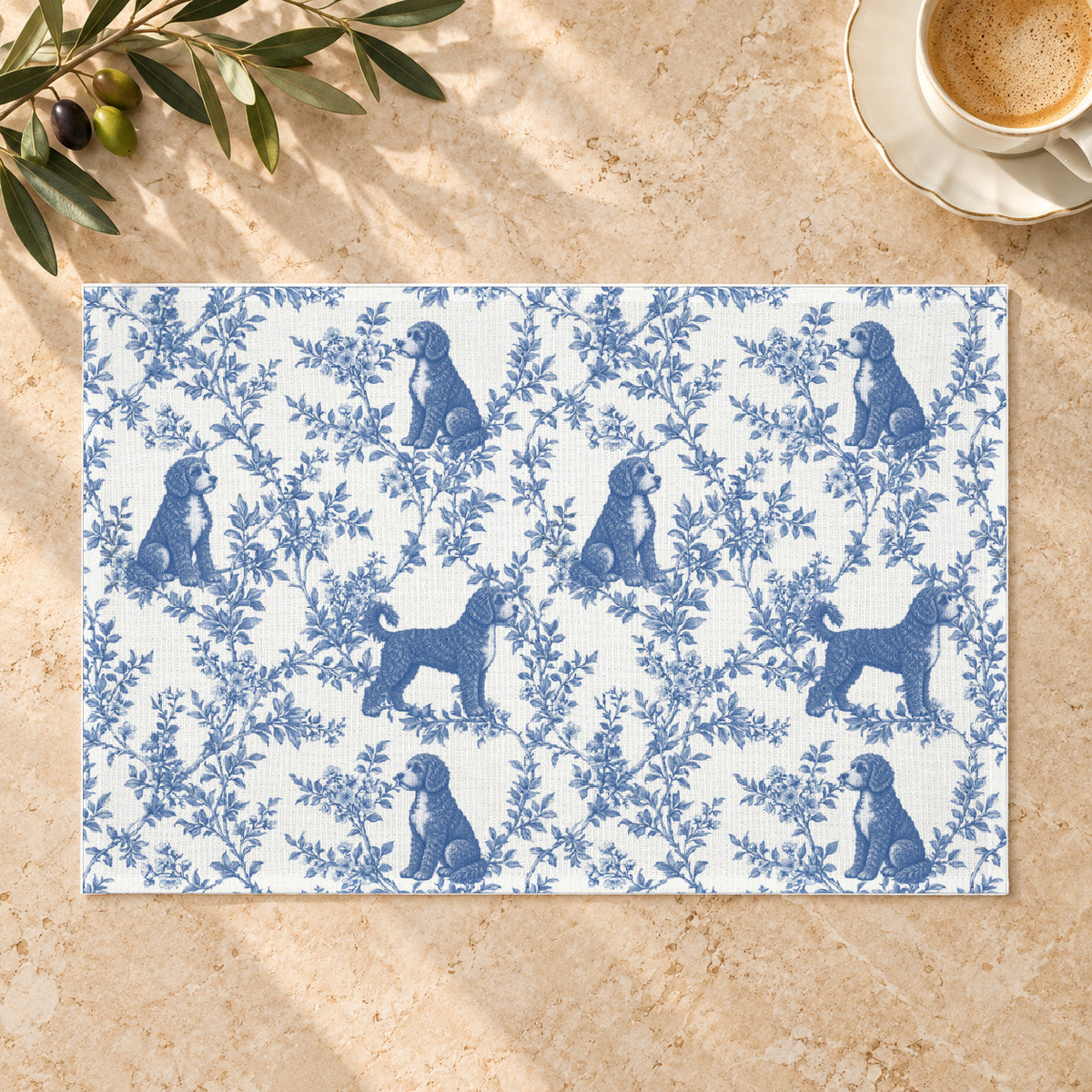 Portuguese Water Dog toile placemat — 01 Limestone Hero Blue