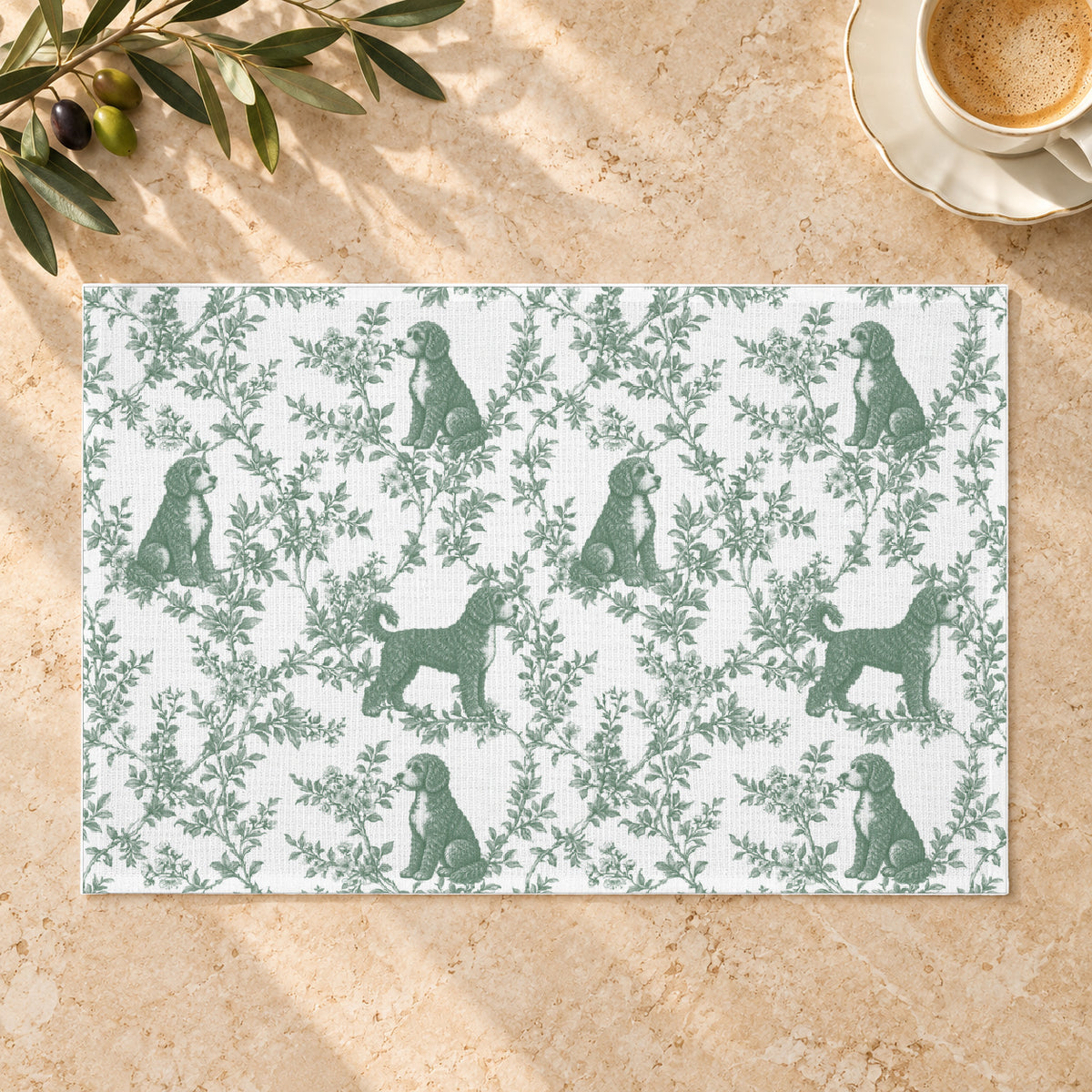 Portuguese Water Dog toile placemat — 01 Limestone Hero Green