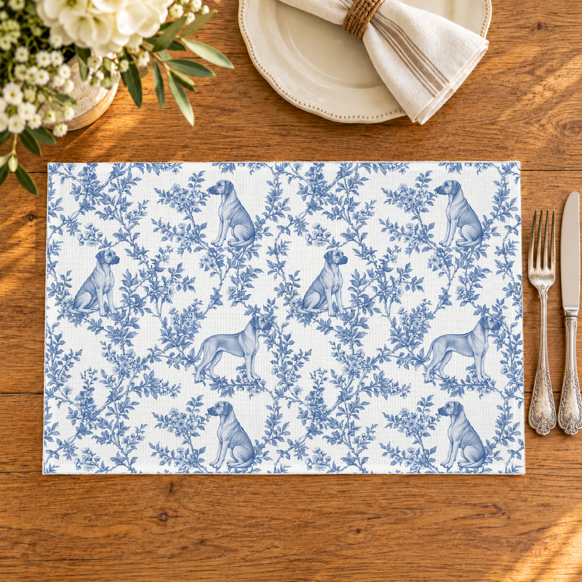 Rhodesian Ridgeback toile placemat — 02 Oak Table Blue