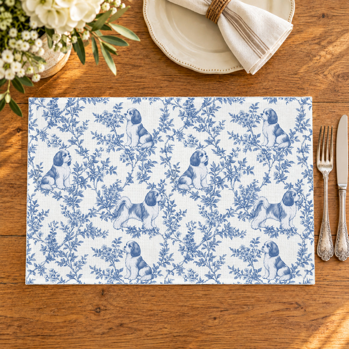 Shih Tzu toile placemat — 02 Oak Table Blue