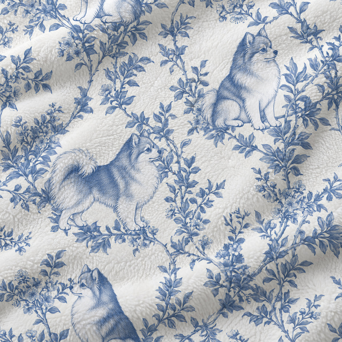Pomeranian toile de Jouy blanket - Blue Blanket Fabric Closeup