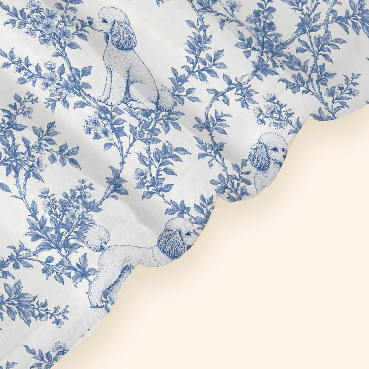 Poodle toile de Jouy blanket - Blue Blanket Hem Closeup
