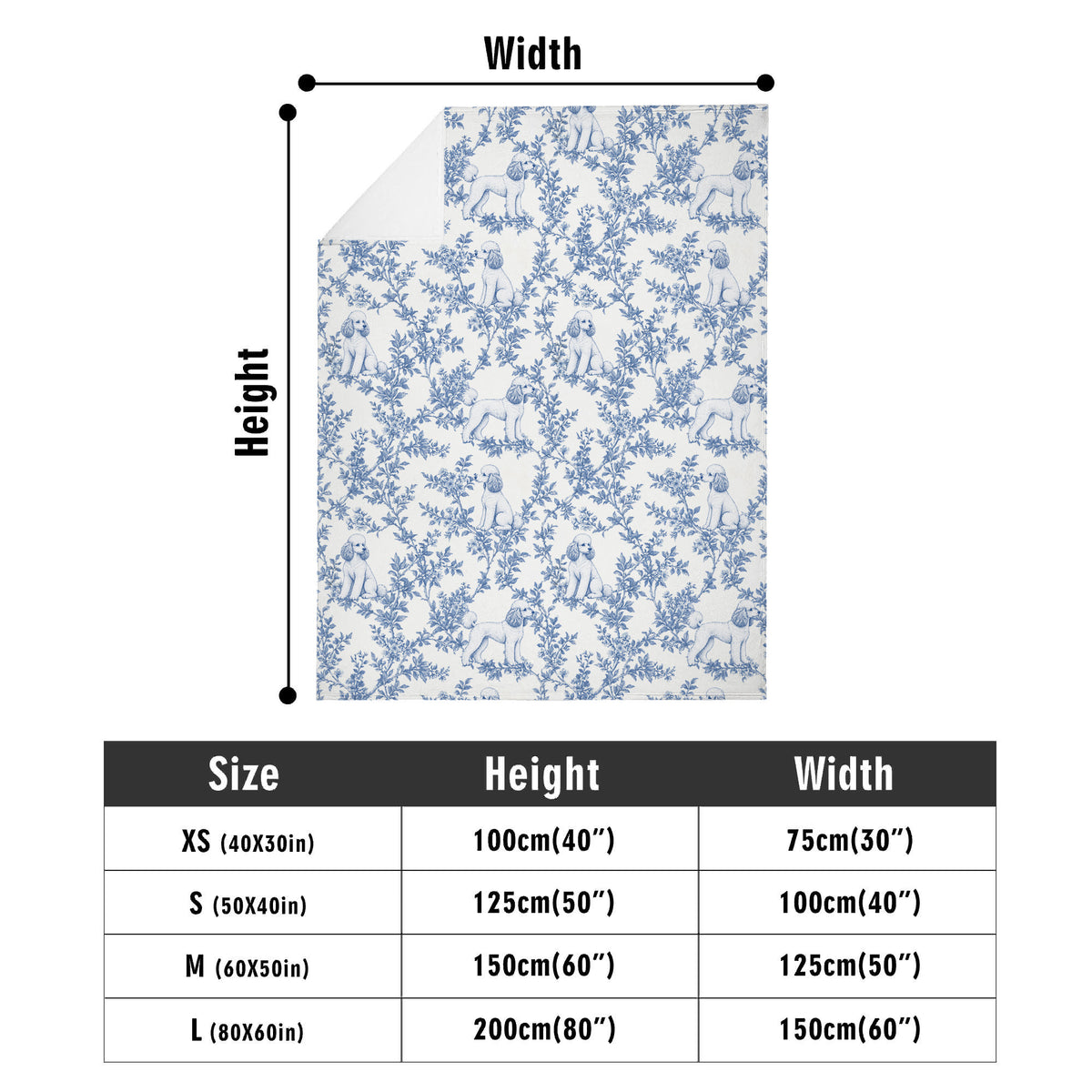 Poodle toile de Jouy blanket - Blue Blanket Size Chart