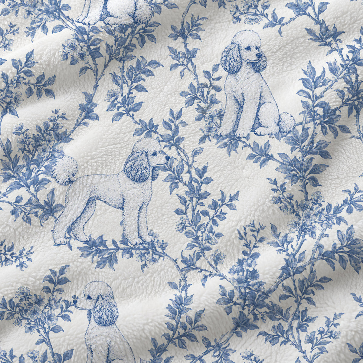 Poodle toile de Jouy blanket - Blue Blanket Fabric Closeup