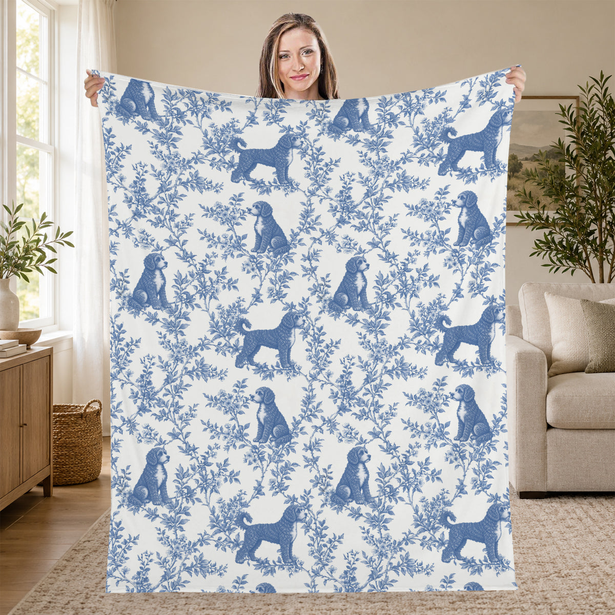 Portuguese Water Dog toile de Jouy blanket - Blue Blanket Held Living Room