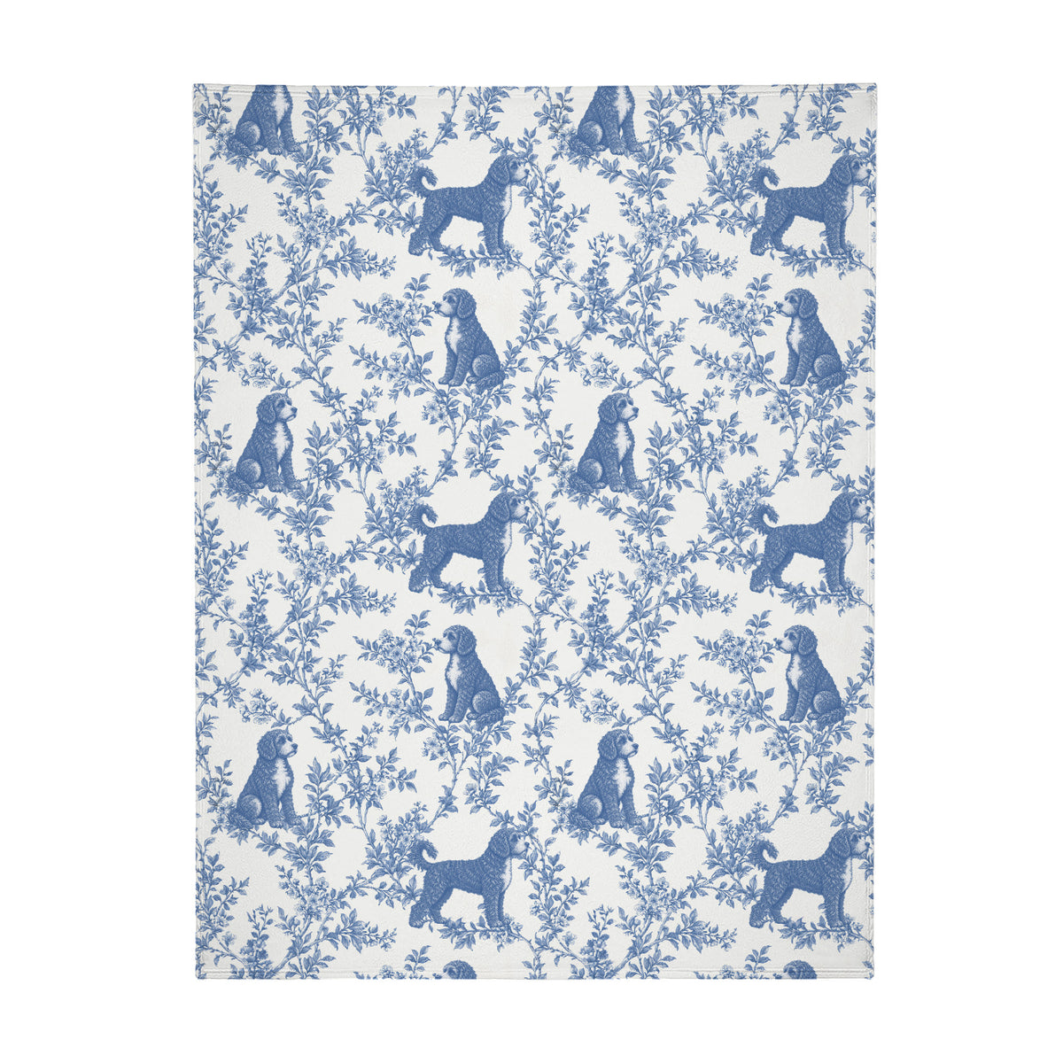 Portuguese Water Dog toile de Jouy blanket - Blue Blanket Flat