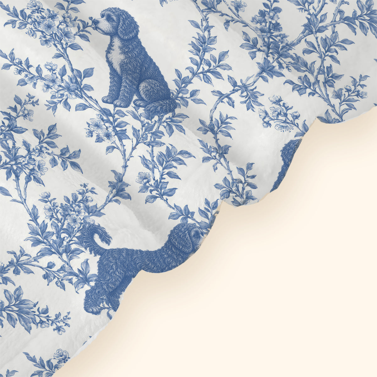 Portuguese Water Dog toile de Jouy blanket - Blue Blanket Hem Closeup