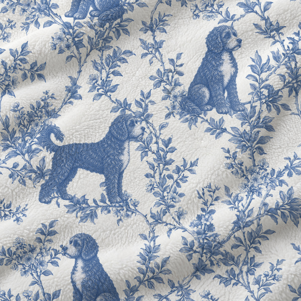 Portuguese Water Dog toile de Jouy blanket - Blue Blanket Fabric Closeup