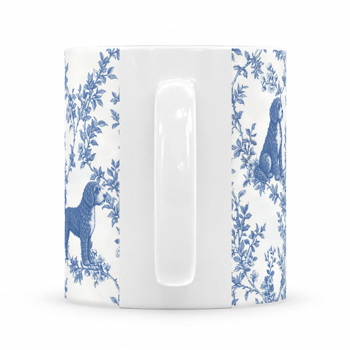 Portuguese Water Dog toile mug — Blue Handle View