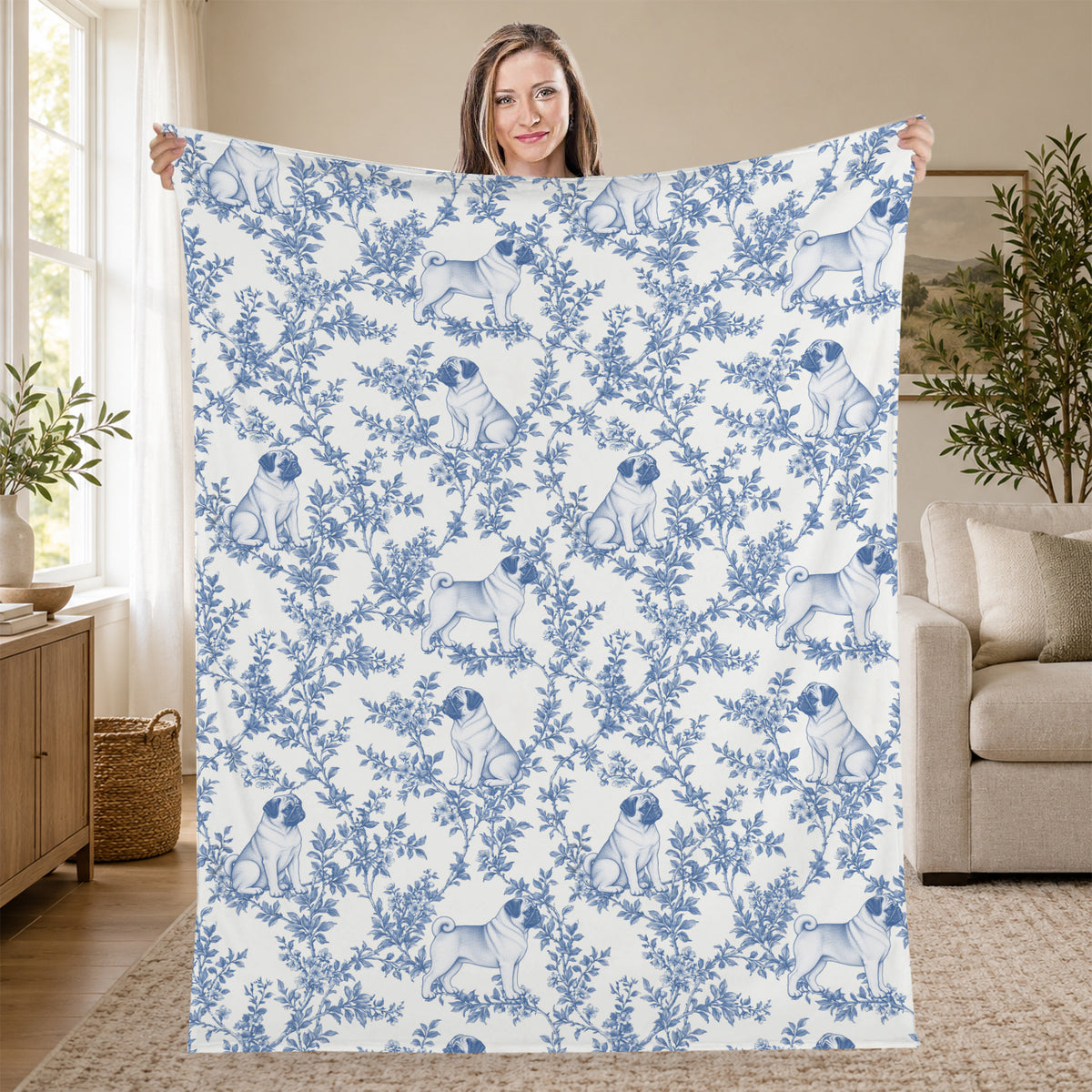 Pug toile de Jouy blanket - Blue Blanket Held Living Room