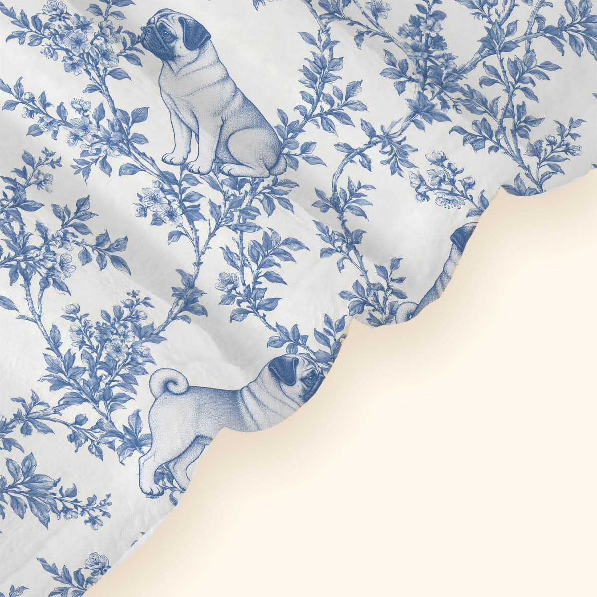 Pug toile de Jouy blanket - Blue Blanket Hem Closeup