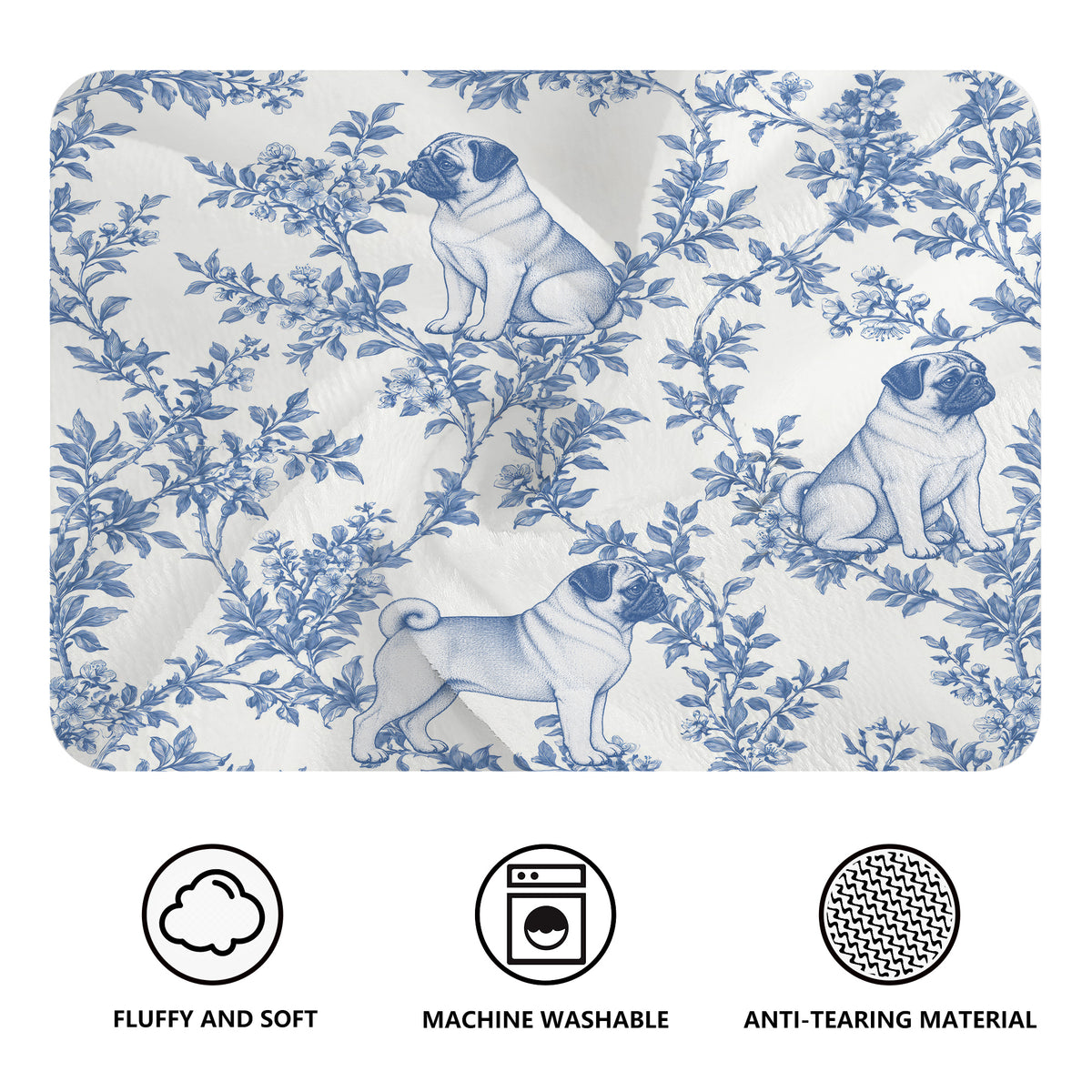Pug toile de Jouy blanket - Blue Blanket Features