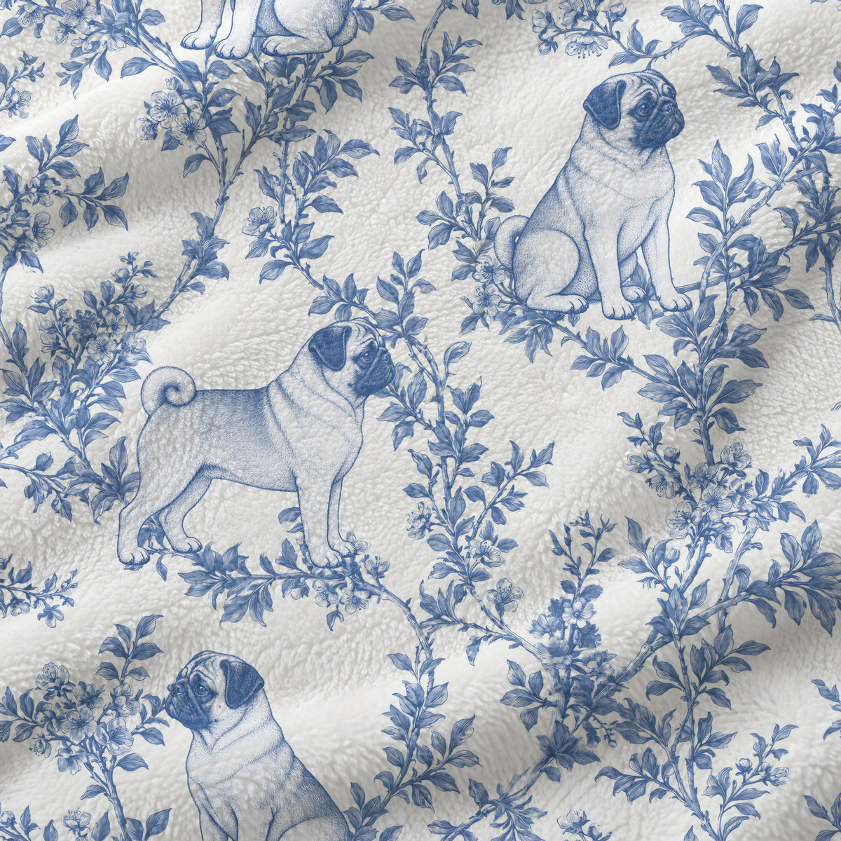 Pug toile de Jouy blanket - Blue Blanket Fabric Closeup