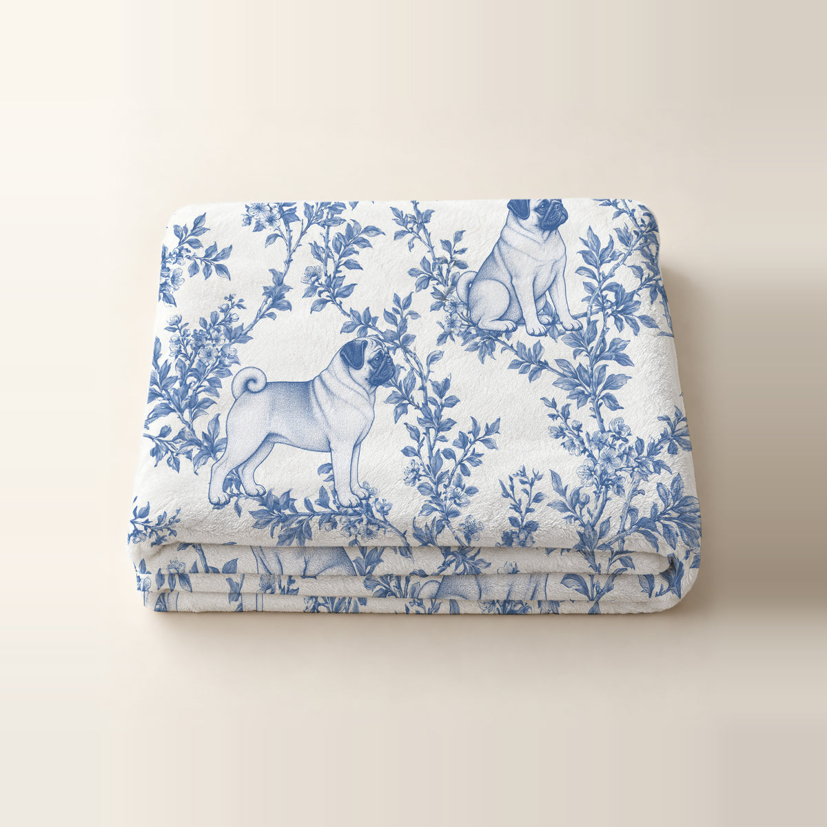 Pug toile de Jouy blanket - Blue Blanket Folded Studio