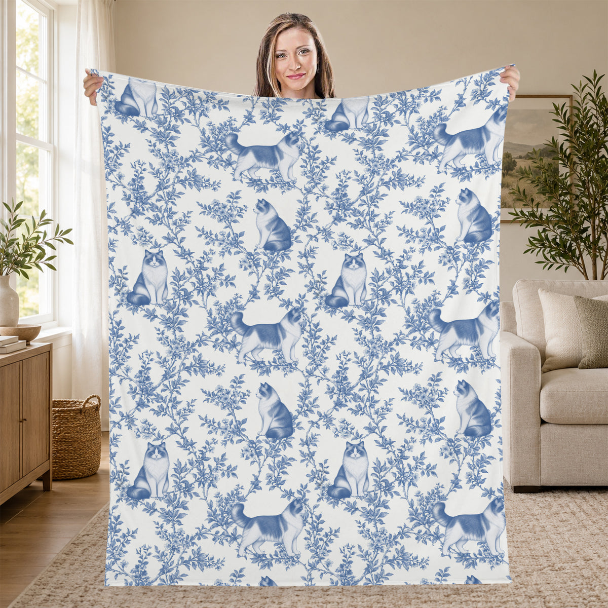 Ragdoll toile de Jouy blanket - Blue Blanket Held Living Room
