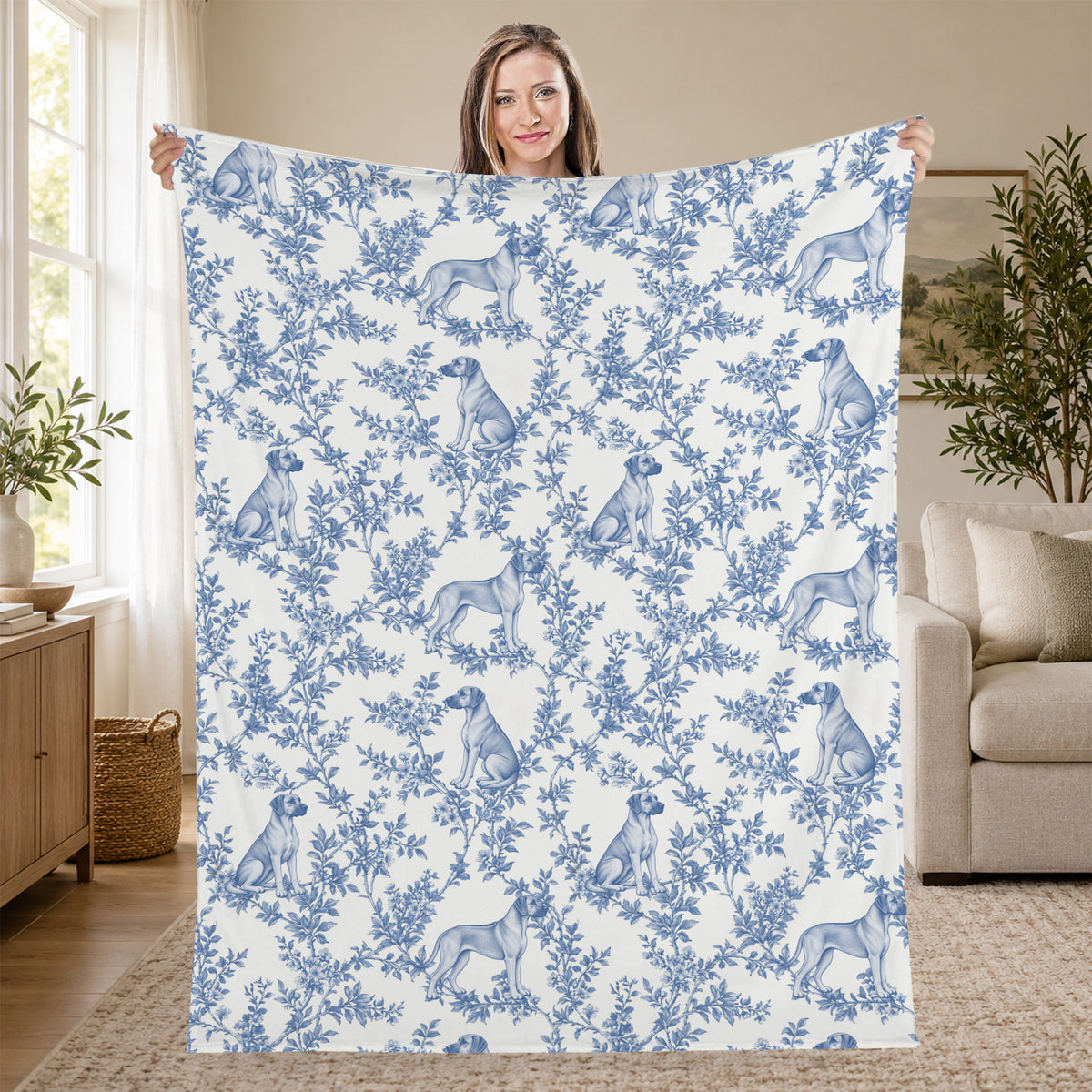 Rhodesian Ridgeback toile de Jouy blanket - Blue Blanket Held Living Room